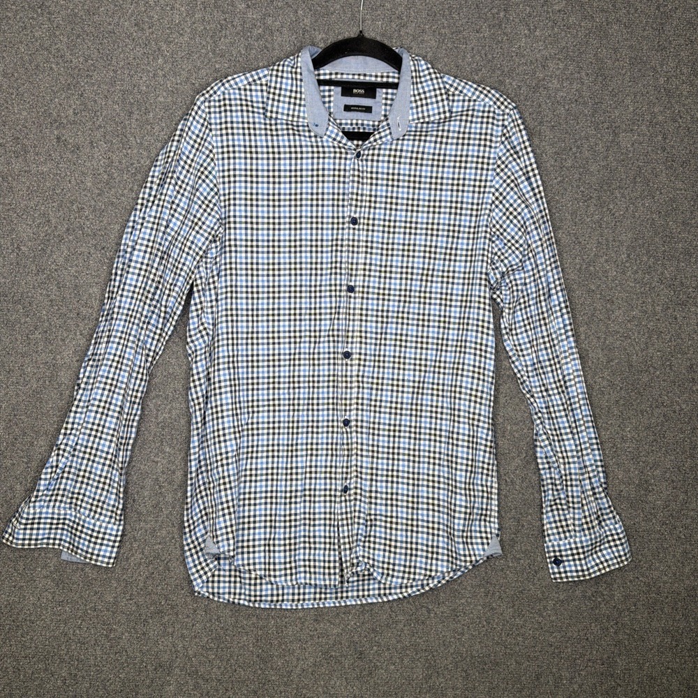 Boss Hugo Boss Regular Fit Blue Check Plaid Button Up Dress Shirt Mens Small
